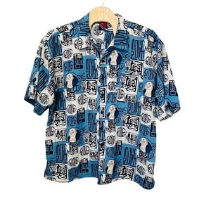 Vintage K.A.D Mens XXL‎ laughing Buddha Print Short sleeve Button Down Shirt Y2K